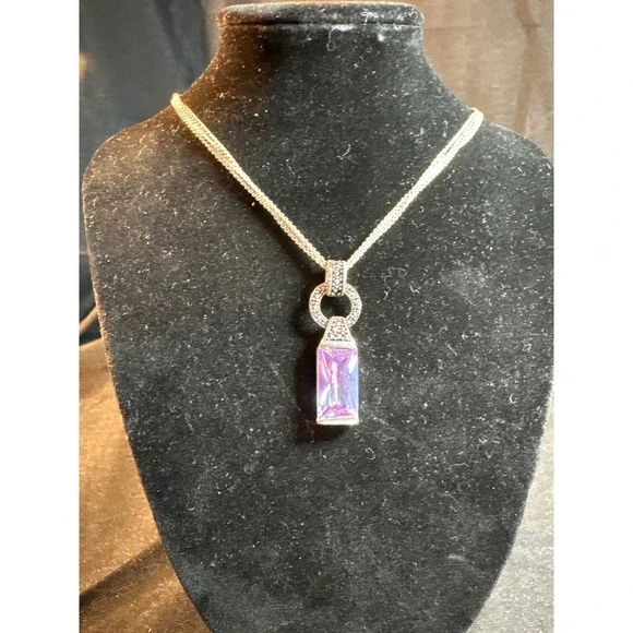 Sterling Silver Italy Rectangle Amethyst Pendant Necklace‎ Chain - Picture 3 of 4